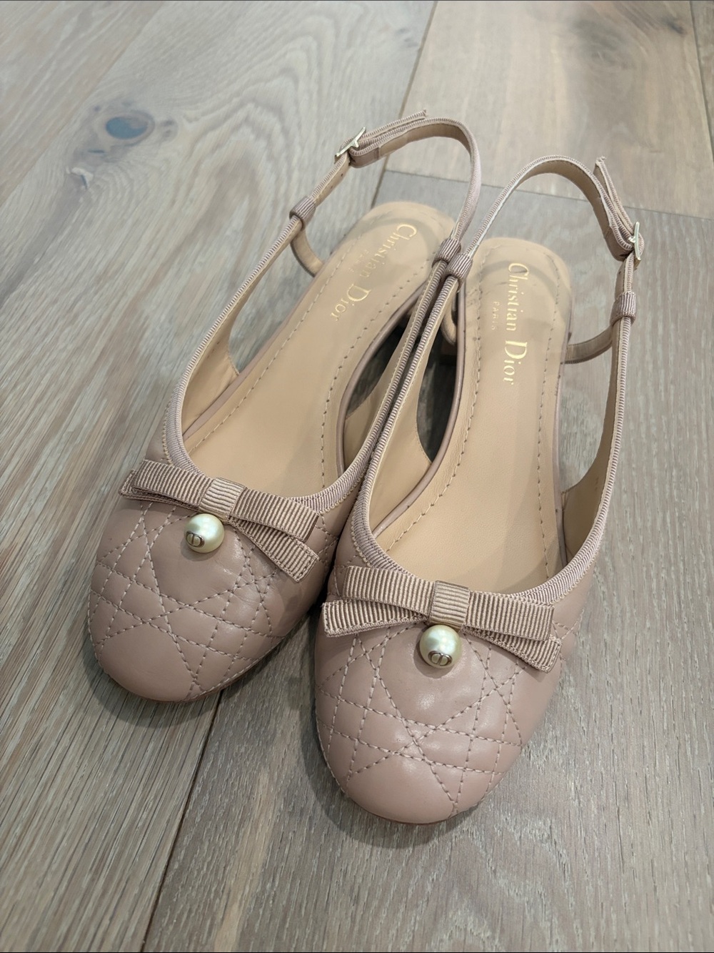Dior Quilted Slingback Flats with Pearl Bow in Blush